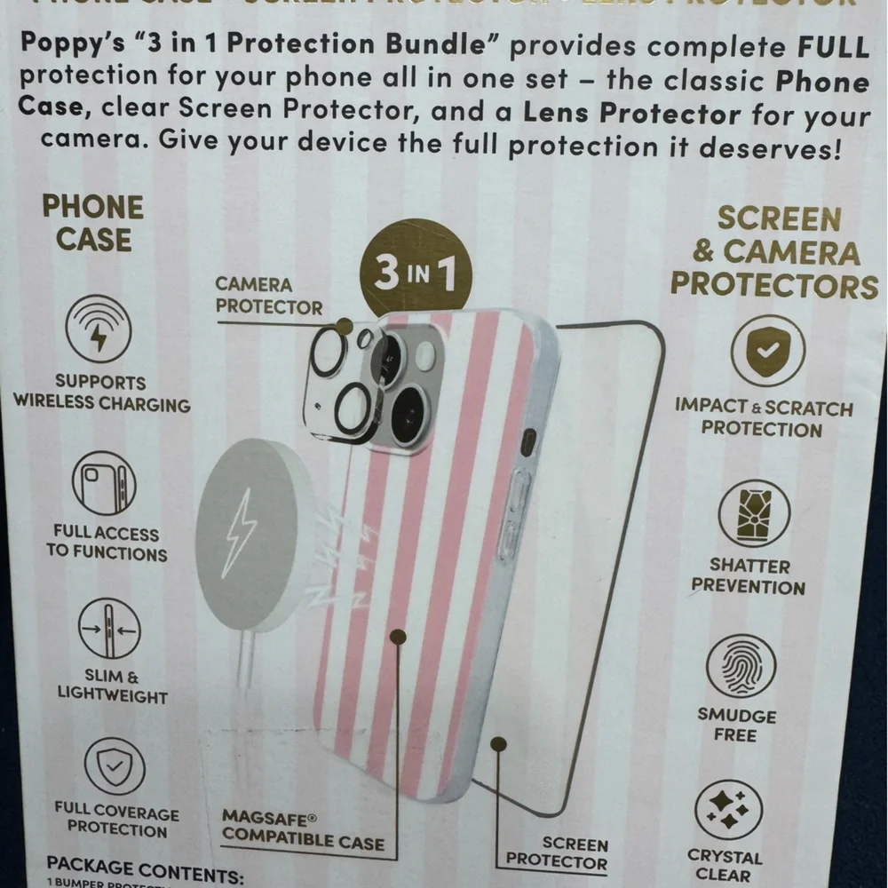 XO POPPY pink striped iPhone 15/14/13 case & 3 in 1 Protection Bundle🩷🤍🩷